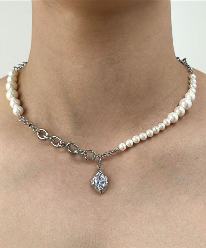 Women's Silk Necklace Stainless Steel Pearl Teardrop Zircon - OutfitLondon