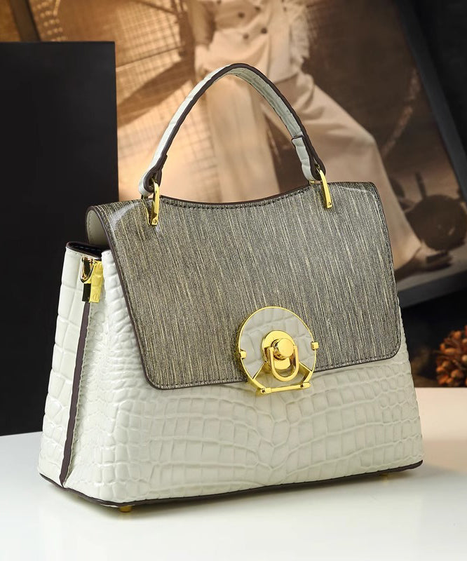 Women's Leather Tote Bag Large White Embossed Calfskin Zippered - OutfitLondon