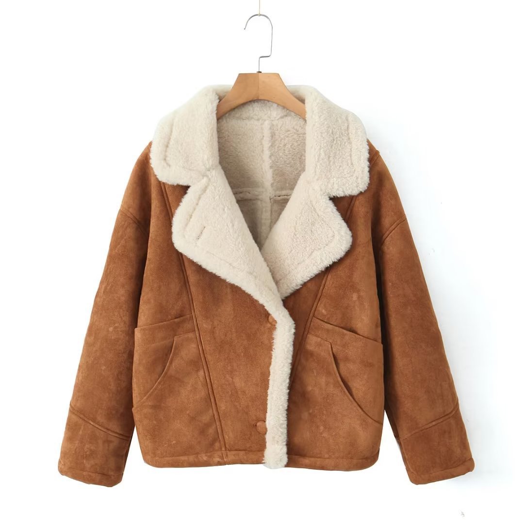 Soft Teddy Jacket with Faux Fur Lapel Collar