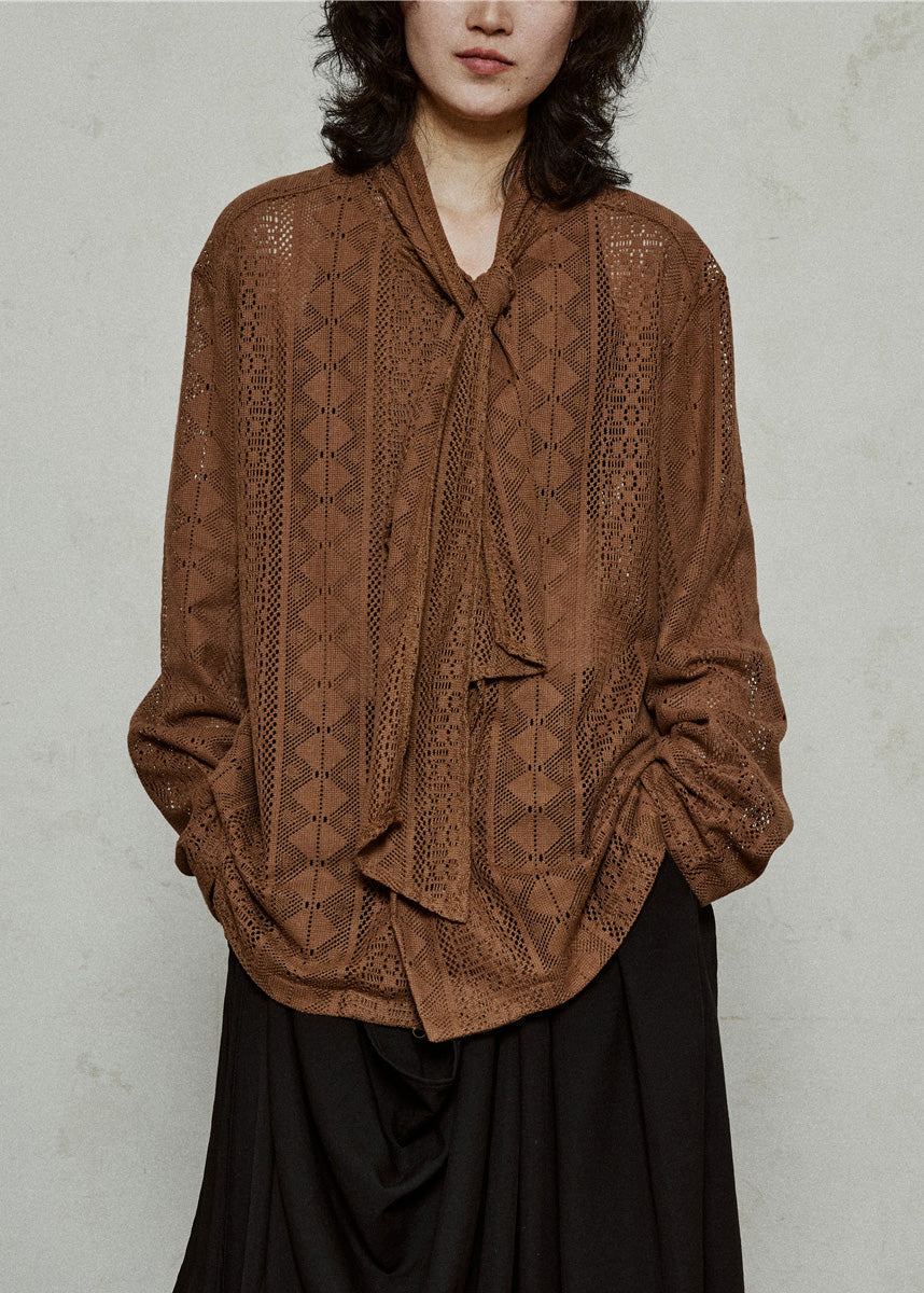 Women's Openwork Knit Coffee Flared Sleeves Loose Fit - OutfitLondon