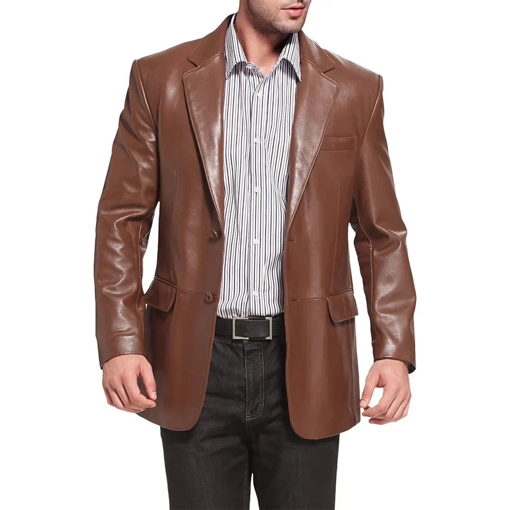 Men's Leather Blazer Brown Notched Lapel Two Button - OutfitLondon