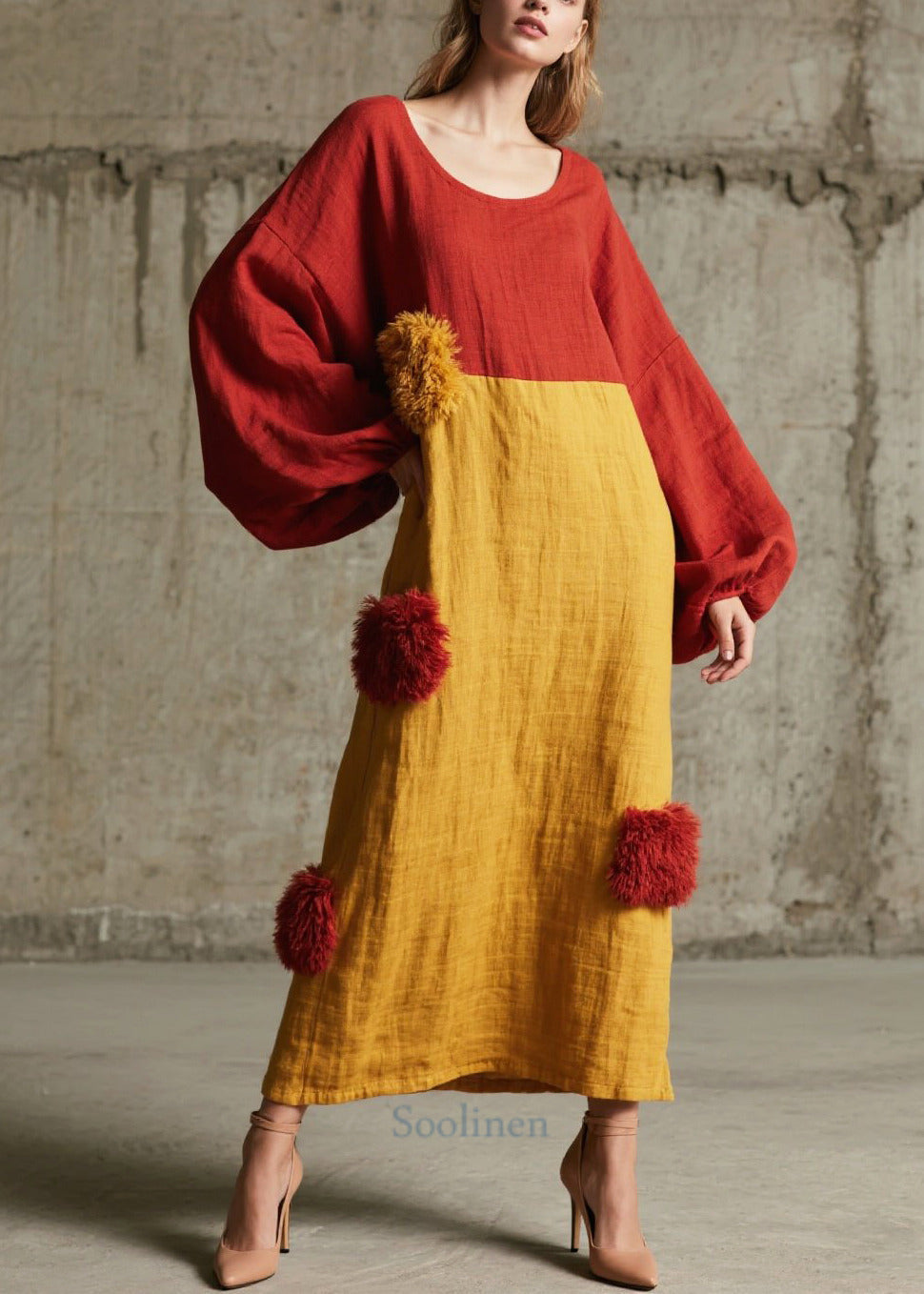 Women's Oversized Maxi Dress Colorblock Plush Pom Pom Autumn - OutfitLondon