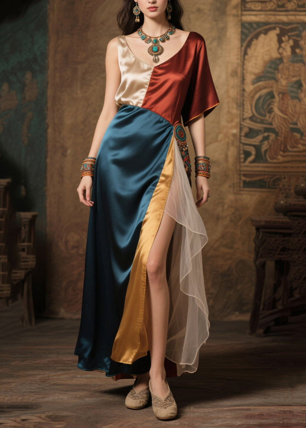 Women's Silk Maxi Dress Colorblock Asymmetric Design - OutfitLondon
