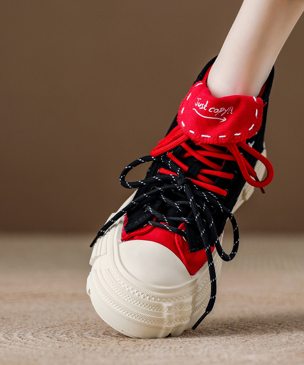Women's Platform Canvas Flats Black Red Lace Up Comfort - OutfitLondon