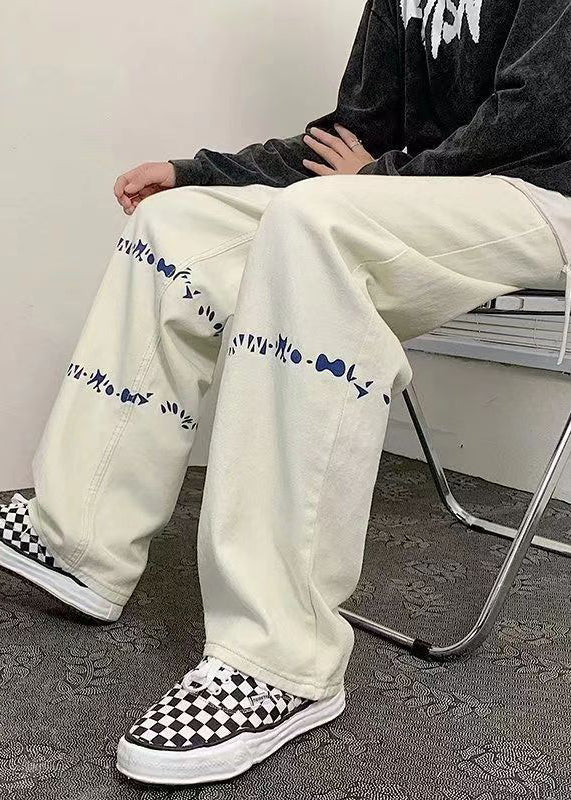 Men's Oversized White Denim Pants Printed Pattern - OutfitLondon