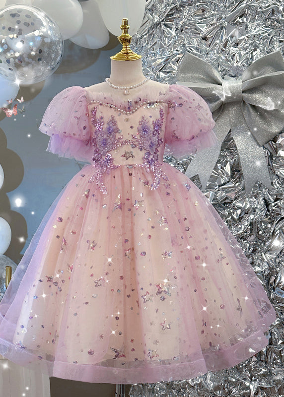 Girls Purple Tulle Dress Pearl Embellishments - OutfitLondon