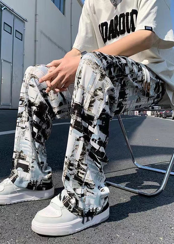 Men's Cotton Pants Elastic Waistband Monochrome Print - OutfitLondon