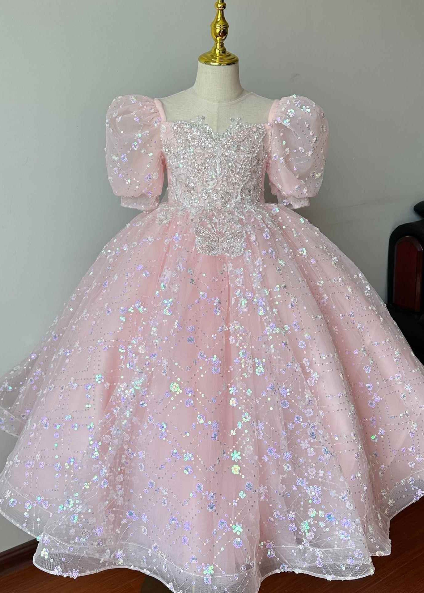Girls Pink Tulle Dress Embroidered Sequins - OutfitLondon