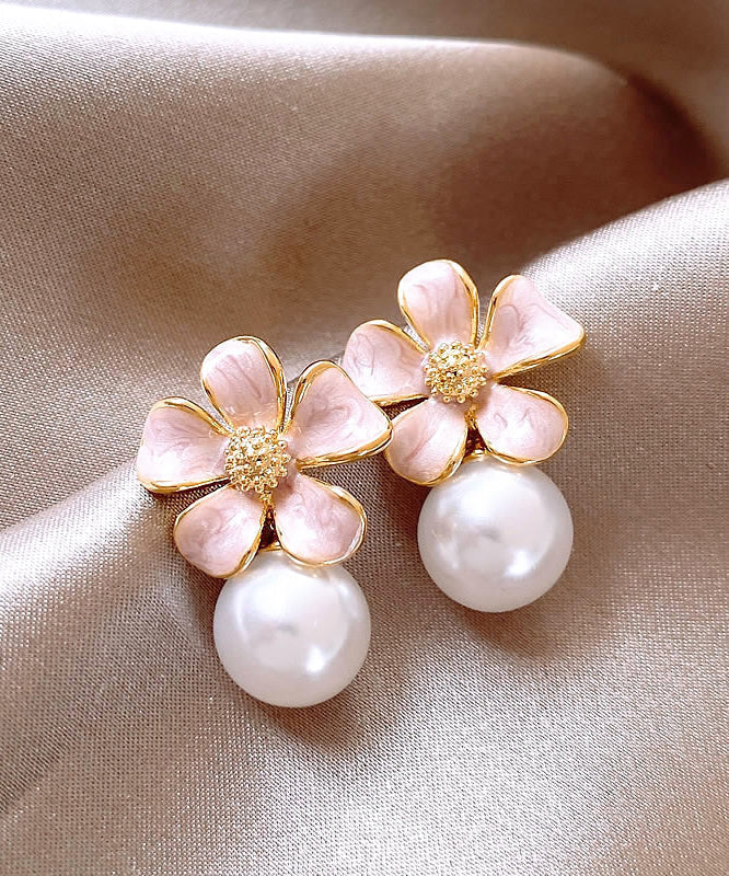 Women's Pearl Stud Earrings Pink Metal Alloy Floral - OutfitLondon