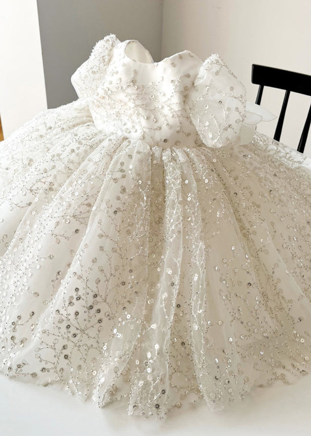 Girls White Tulle Maxi Dress Sparkle Round Neckline Layered Skirt - OutfitLondon