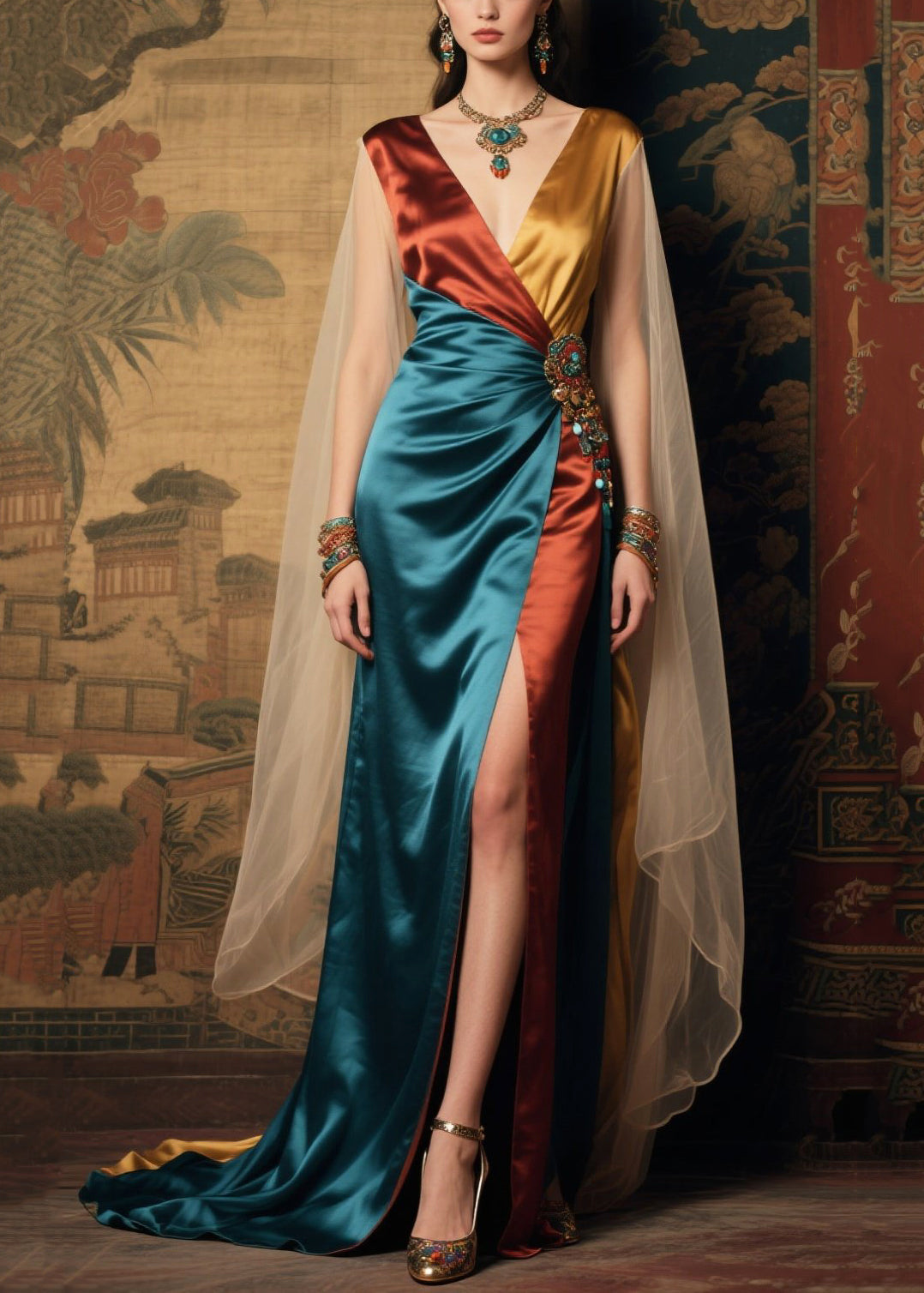 Women's Asymmetrical Maxi Dress Silk Blend Colorblock Patchwork - OutfitLondon