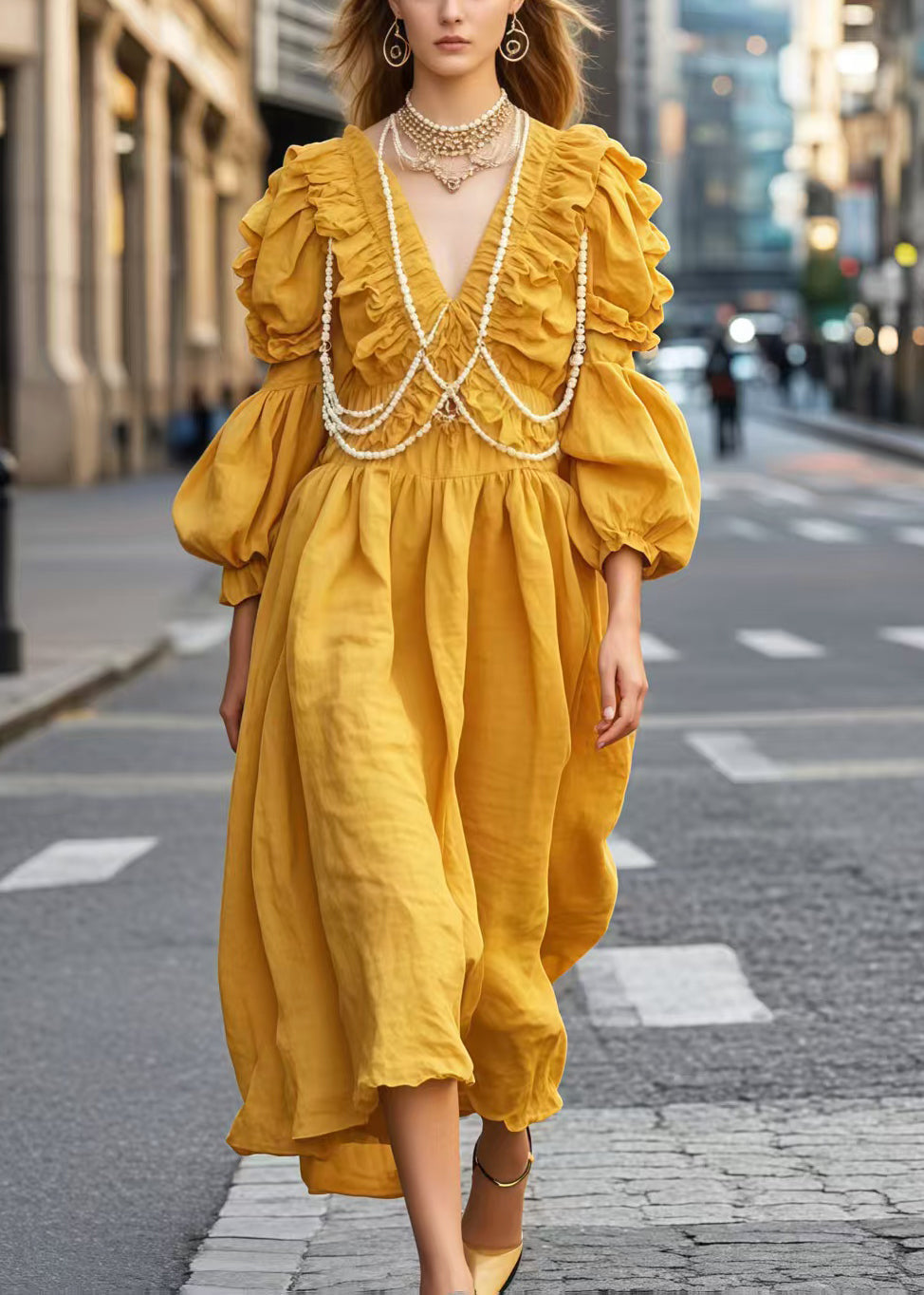 Women's Yellow V Neck Vacation Dress Pearl Beading - OutfitLondon