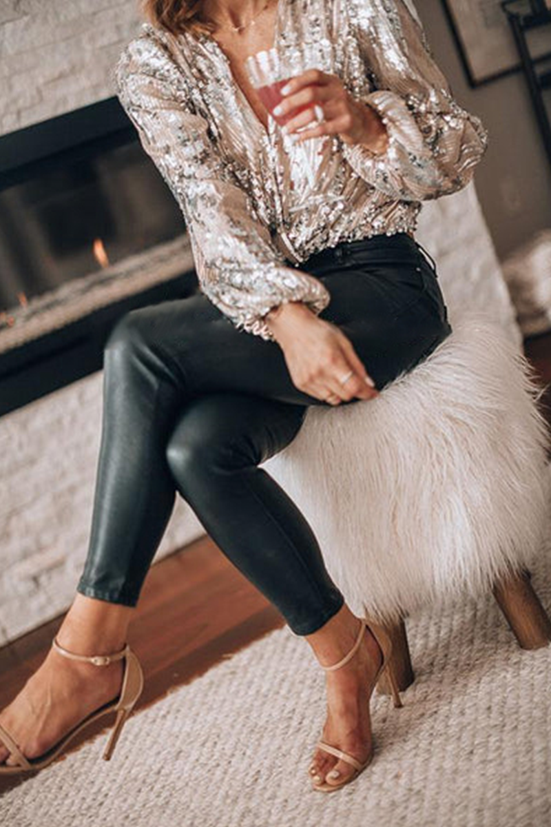 Dania Blouse | Long Sleeve Sequin V-Neck Blouse