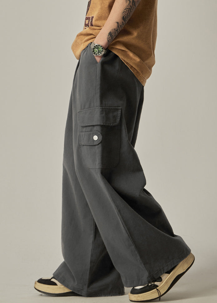 Mens Cargo Pants Dark Grey Cotton Elastic Waist - OutfitLondon