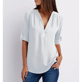 Chic Zip Front V Neck Top