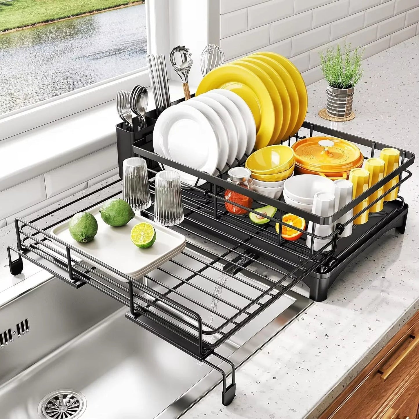 Compact Folding Dish Rack with Utensil Holder