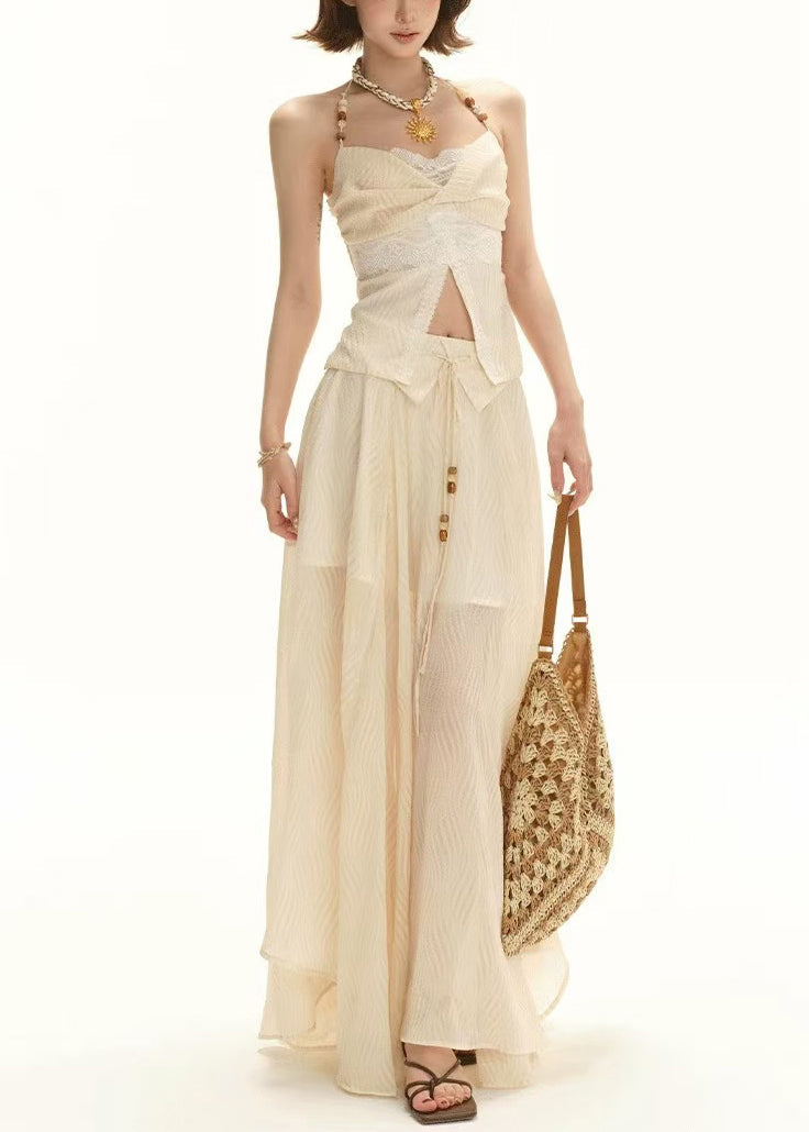 Women's Cotton Blend Lace Two Piece Ensemble Apricot - OutfitLondon