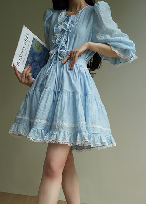 Women's Cotton Lace 2 Piece Blue Ruffle Set - OutfitLondon