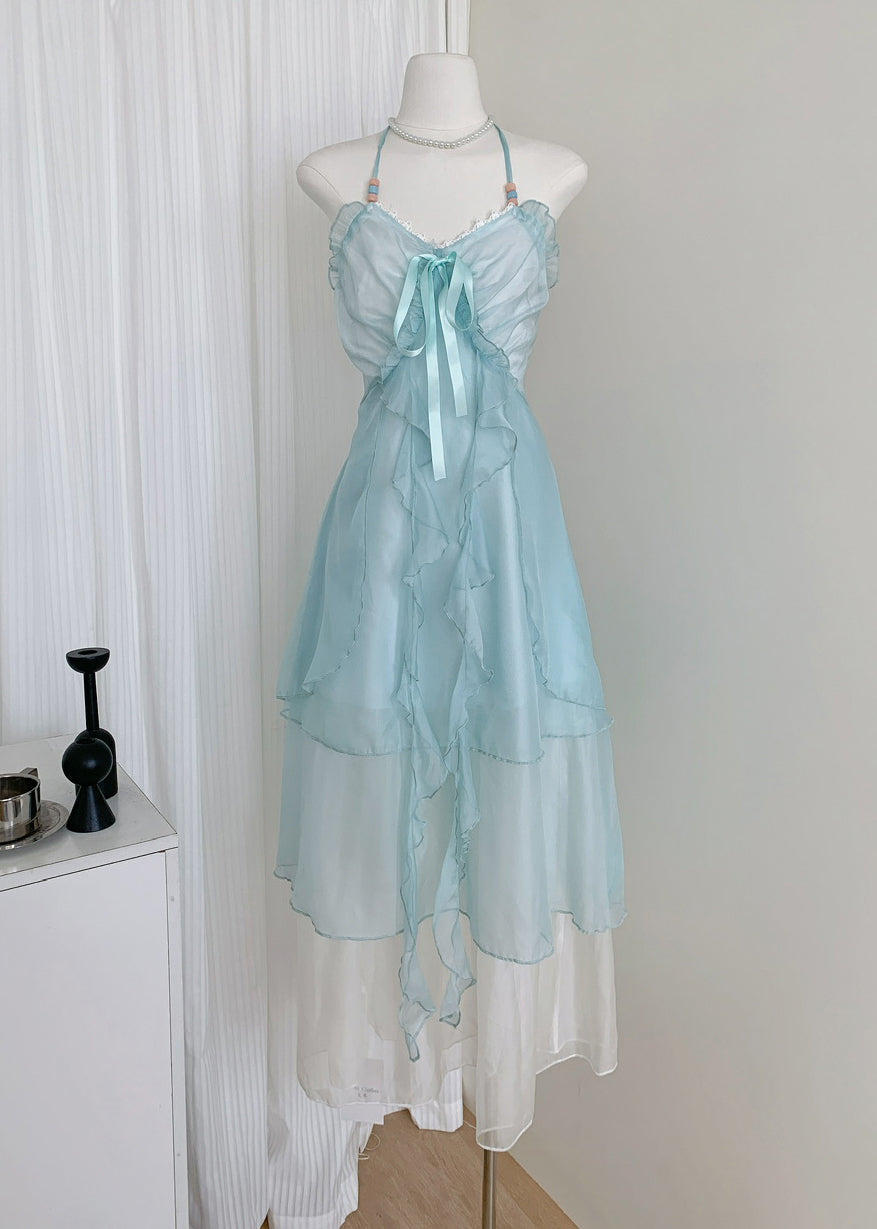Women's Blue Silk Chiffon Maxi Dress V Neck Ruffles Sleeveless - OutfitLondon