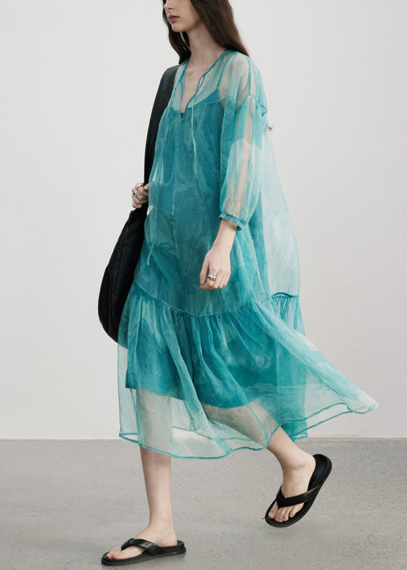 Women's Blue Silk Patchwork Dress V Neck Breathable - OutfitLondon
