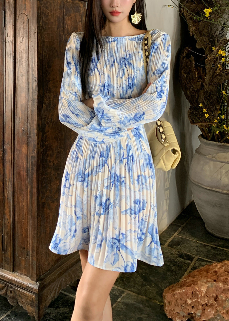 Women's Blue Cotton Dress Flare Sleeves - OutfitLondon