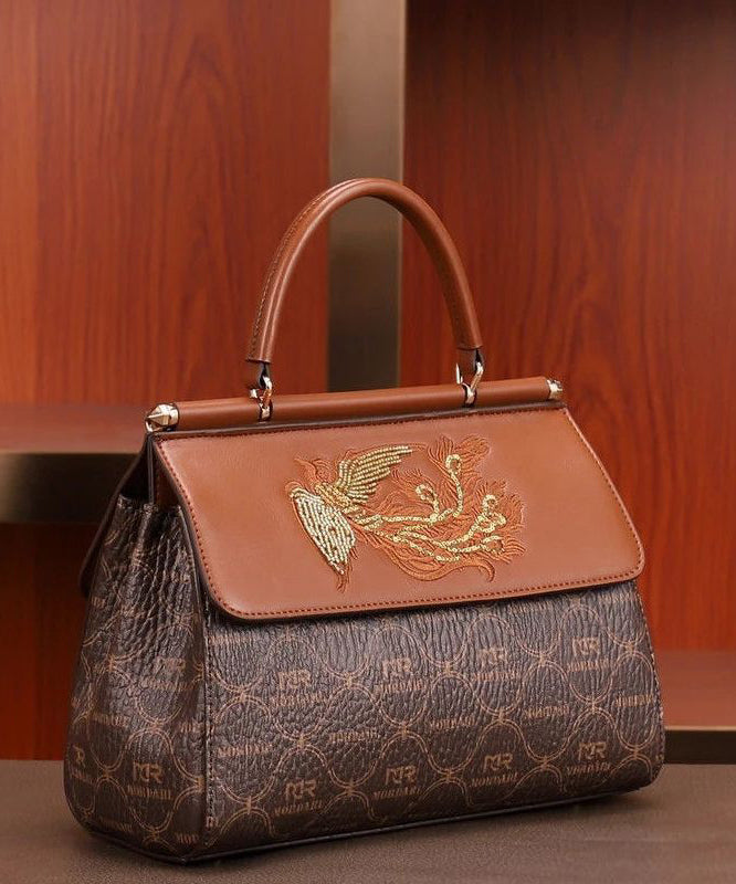 Women's Leather Tote Bag Brown Embroidered Zipper - OutfitLondon