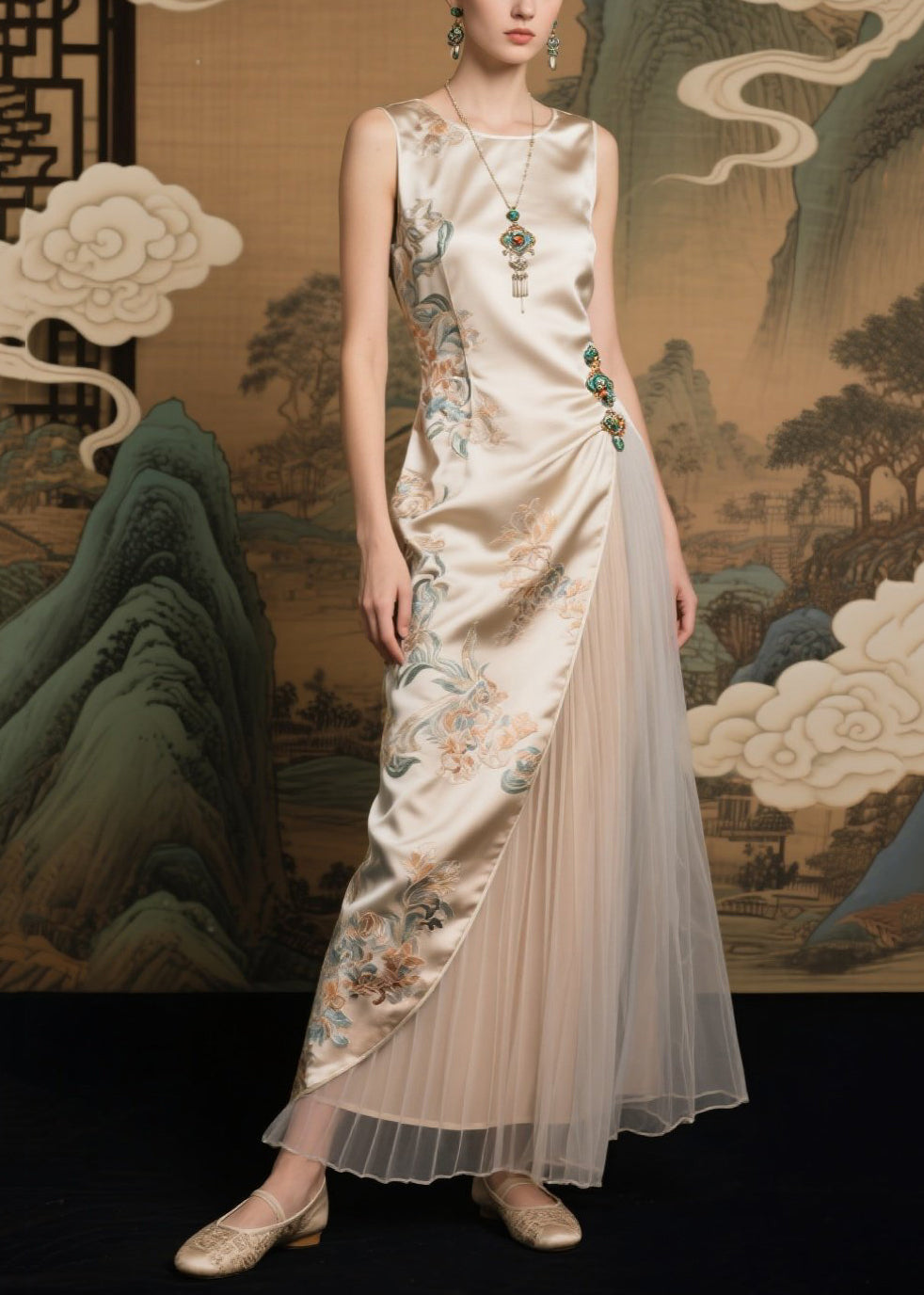 Women's Evening Gown Champagne Silk Sleeveless Jacquard Tulle Formal - OutfitLondon