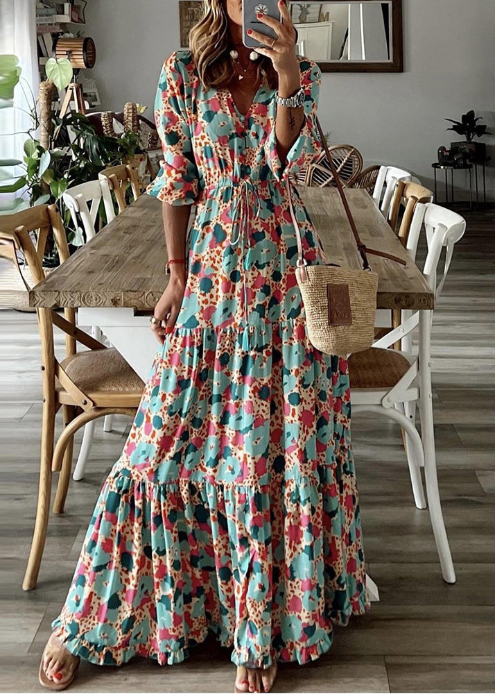 Women's Cotton Blend Summer Dress Ankle Length Floral Print - OutfitLondon
