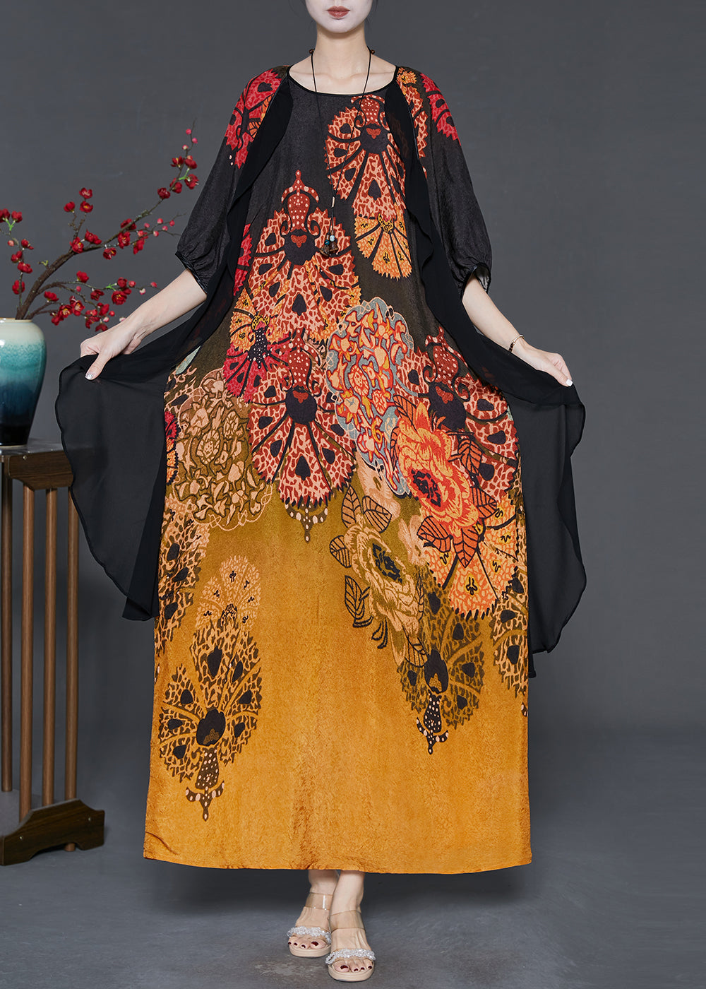 Women's Silk Maxi Dress Gradient Patchwork Print - OutfitLondon