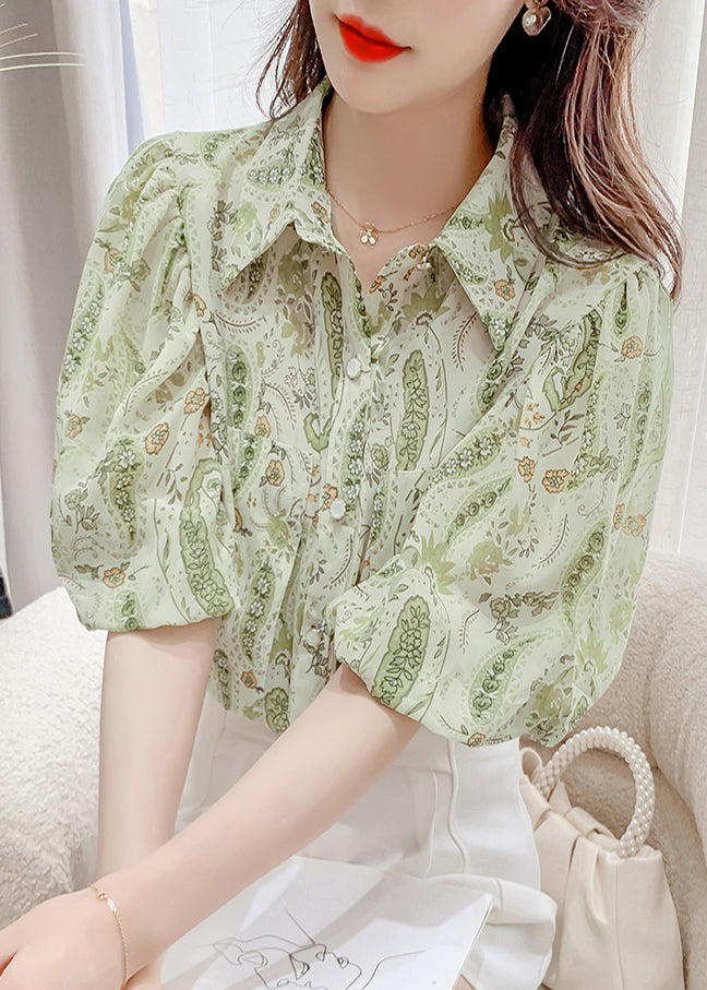 Women's Silk Blouse Green Lantern Sleeves - OutfitLondon