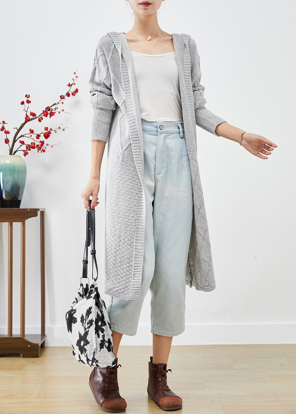 Women's Gray Knit Cardigan Oversized Lightweight - OutfitLondon