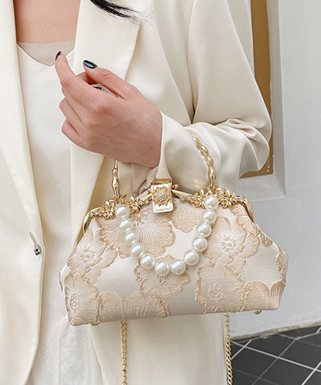 Women's Khaki Satin Tote Bag With Pearl Embellishments - OutfitLondon