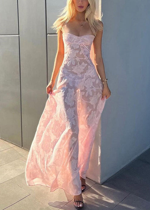 Women's Rose Pink Lace Maxi Dress Spaghetti Strap - OutfitLondon