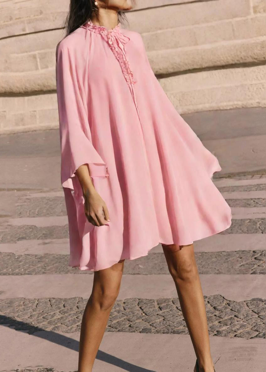 Women's Rose Silk Chiffon Midi Dress With Ruffles - OutfitLondon