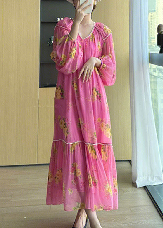 Women's Rose Silk Maxi Dress V Neck Patchwork Print - OutfitLondon