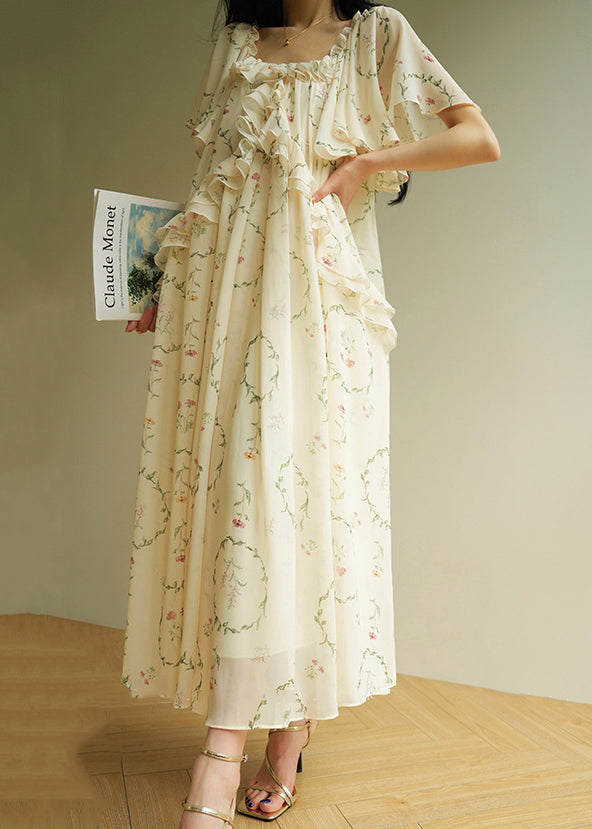 Women's Silk Chiffon Maxi Dress U Neck Ruffles - OutfitLondon
