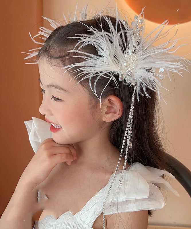 Girls White Hair Clip With Feathers Pearls Sequins Pom Poms - OutfitLondon