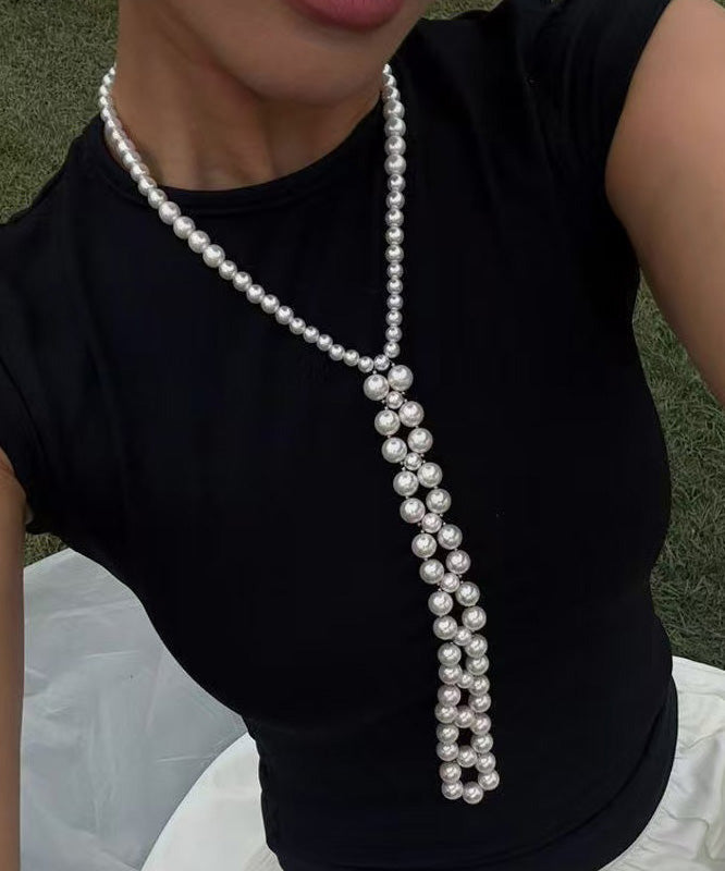 White Pearl Bead Necklace Graduated 27.5 inches - OutfitLondon