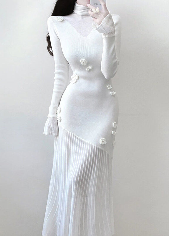 Women's White Knit Maxi Dress Floral Turtleneck - OutfitLondon