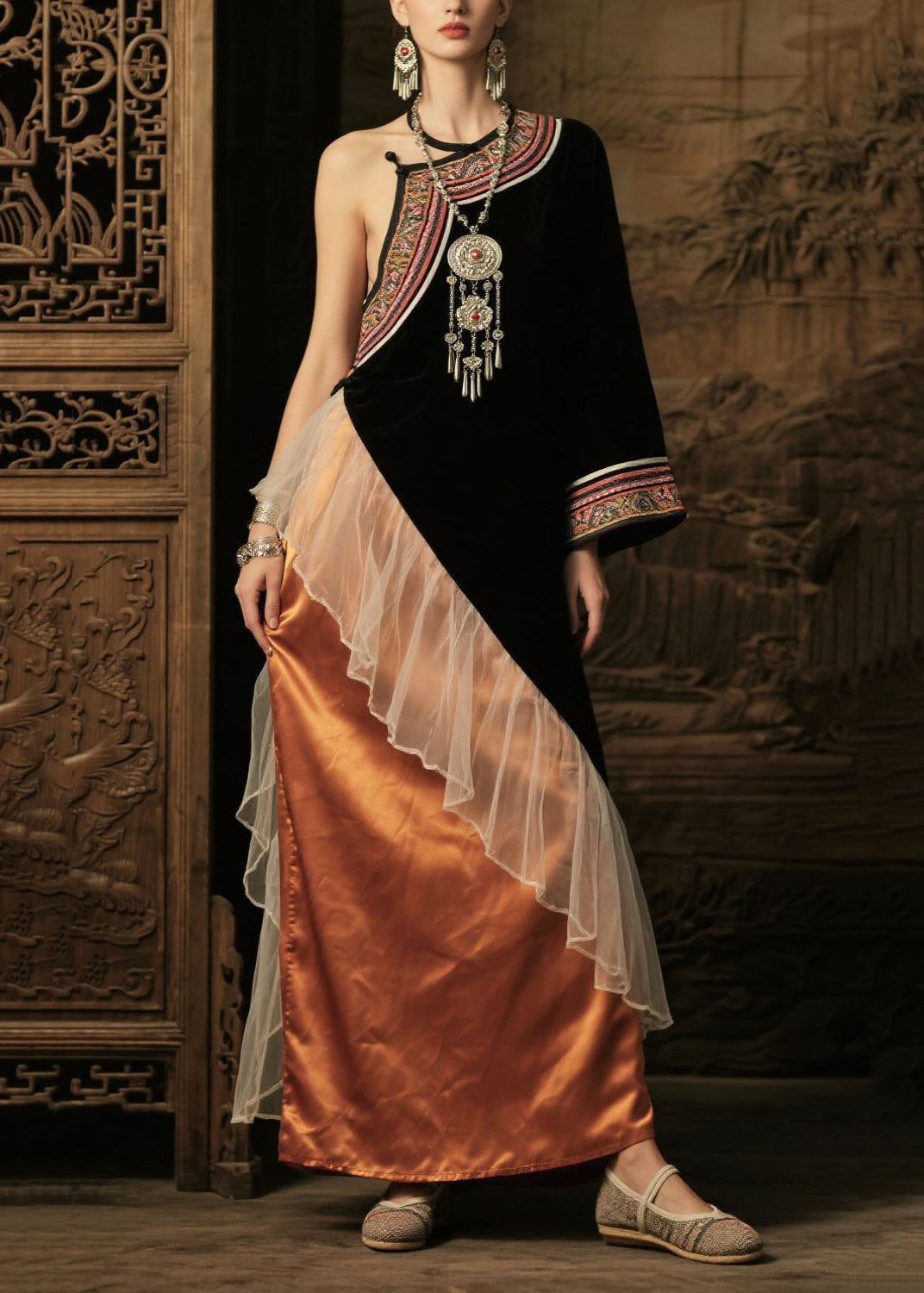 Women's Silk Asymmetric Patchwork Dress Boho Style - OutfitLondon