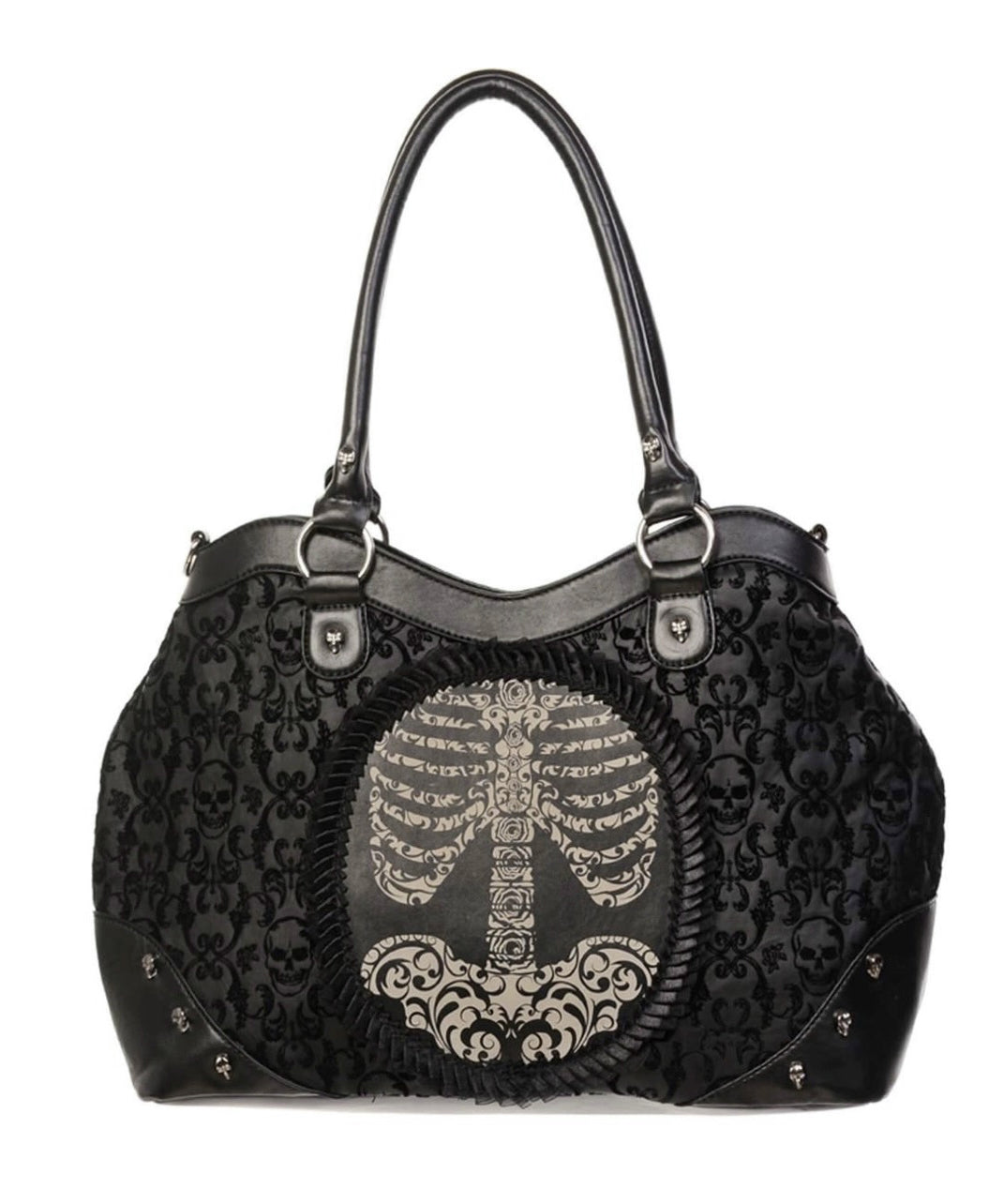 Women's Faux Leather Tote Bag Rivets Jacquard Trim - OutfitLondon