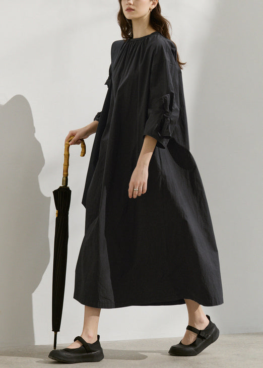 Women's Cotton Round Neck Dress Black - OutfitLondon