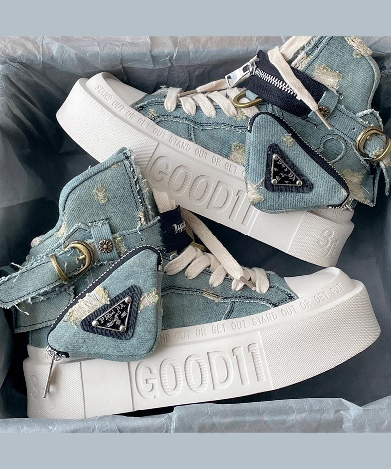 Women's Canvas Lace-Up Boots Cushioned Insole 5cm Heel Blue - OutfitLondon