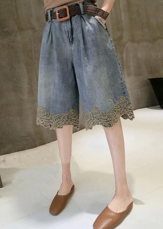 Women's Denim Pants Blue Patchwork Lace Elastic Waist - OutfitLondon