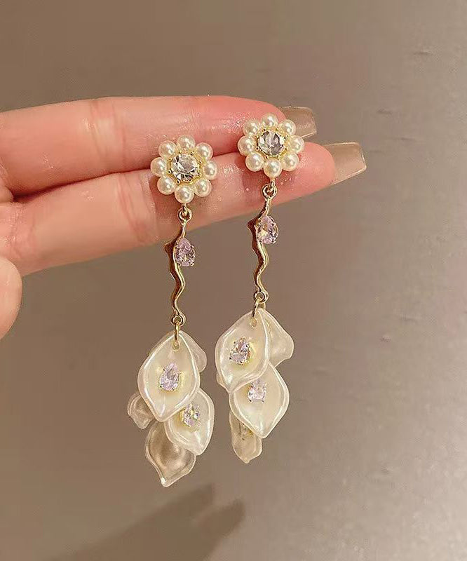 Women's Gold Pearl Dangle Earrings Floral Statement - OutfitLondon