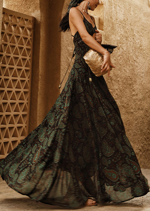 Women's Green Silk Chiffon Backless Lace Dress - OutfitLondon