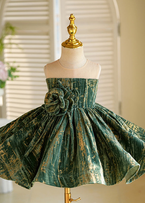 Girls Green Floral Maxi Dress Silk Velvet Soft - OutfitLondon