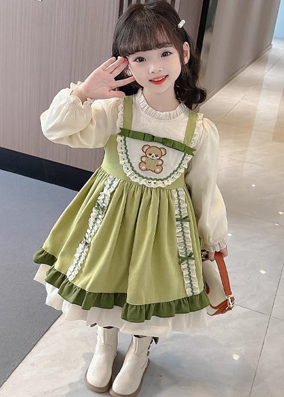 Girls Green Maxi Dress Soft Cotton Blend Stand Collar Puff Sleeves - OutfitLondon