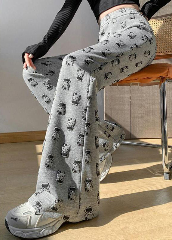 Women's Cotton Blend Flare Pants Grey High Waist Elastic Waistband - OutfitLondon