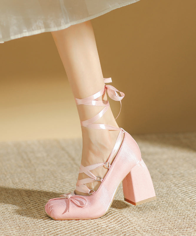 Women's Satin Lace Up Wedge Heels Pink Cushioned Insole - OutfitLondon